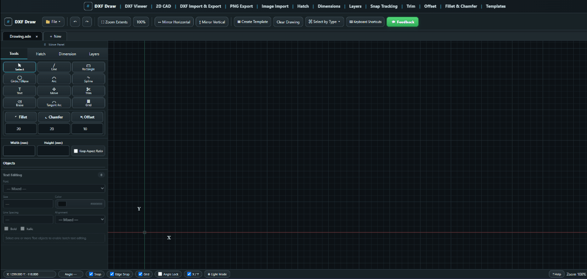DXFDraw demo showing the Circle tool in the CAD workspace